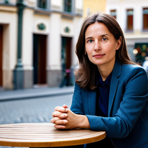 A calm, professional woman in a modest, smart casual outfit, fully clothed, sitting thoughtfully at an outdoor cafe table in a European city, observing the subtle interactions of people around her. Her gaze is focused yet relaxed, conveying a deep sense of awareness and clarity. The background shows blurred but discernible elements of urban life – pedestrians, distant buildings – suggesting a world of hidden connections. Emphasize perfect anatomy, correct proportions, natural pose, well-formed hands, and natural body proportions. The lighting is soft and natural, creating a professional, high-quality photograph. Appropriate content, safe for work, family-friendly.