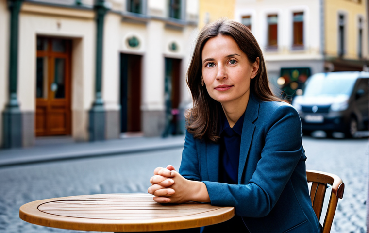 A calm, professional woman in a modest, smart casual outfit, fully clothed, sitting thoughtfully at an outdoor cafe table in a European city, observing the subtle interactions of people around her. Her gaze is focused yet relaxed, conveying a deep sense of awareness and clarity. The background shows blurred but discernible elements of urban life – pedestrians, distant buildings – suggesting a world of hidden connections. Emphasize perfect anatomy, correct proportions, natural pose, well-formed hands, and natural body proportions. The lighting is soft and natural, creating a professional, high-quality photograph. Appropriate content, safe for work, family-friendly.