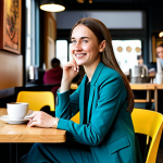 A focused young professional, fully clothed in a modest yet stylish business casual outfit, sits in a vibrant, bustling modern cafe. She is observing the intricate patterns of human interaction and the flow of daily life around her, a subtle smile of understanding on her face. Her posture is natural, showcasing perfect anatomy and correct proportions. The scene is captured with professional photography lighting, emphasizing her keen observation skills and the dynamic environment. Appropriate attire, safe for work, appropriate content, family-friendly, well-formed hands, proper finger count, natural body proportions, high quality.