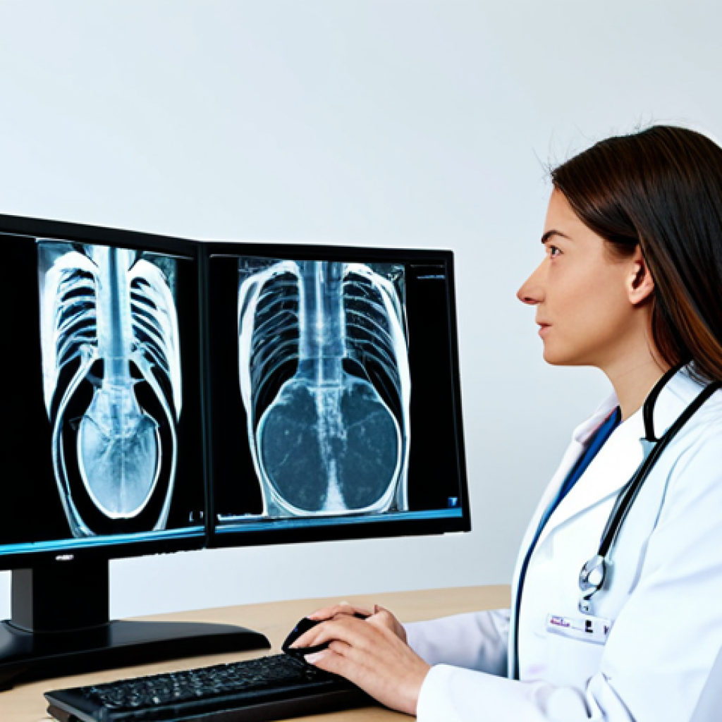 A professional female doctor in a modern, well-lit hospital examining a digital X-ray displayed on a computer screen, fully clothed, appropriate attire, safe for work, perfect anatomy, natural proportions, professional environment, modest clothing, high quality.
