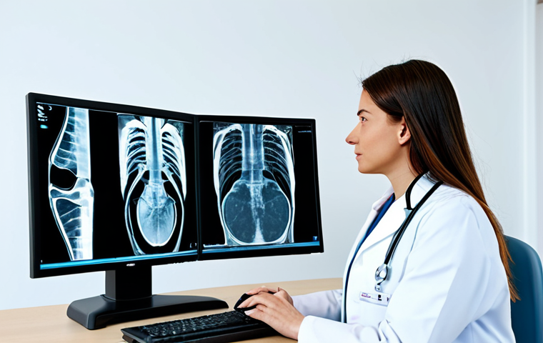 A professional female doctor in a modern, well-lit hospital examining a digital X-ray displayed on a computer screen, fully clothed, appropriate attire, safe for work, perfect anatomy, natural proportions, professional environment, modest clothing, high quality.