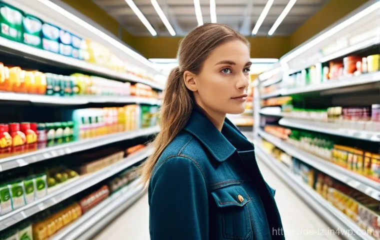 패턴 인식 능력 평가를 위한 온라인 테스트 - **Prompt:** "A bustling, vibrant German supermarket aisle. A young woman, dressed in stylish yet cas...