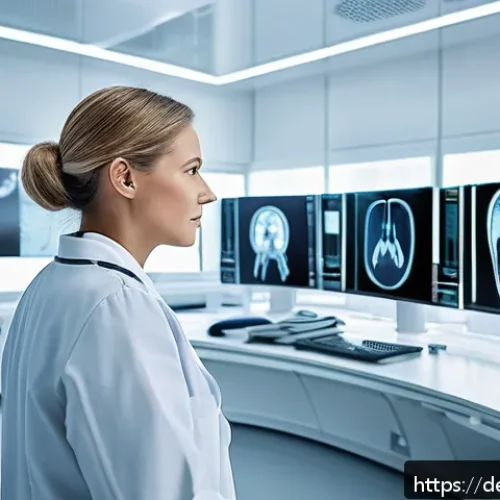 패턴 인식 능력 관련 유명 사례 분석 - A futuristic medical imaging room in a modern German hospital, showing a radiologist analyzing high-...