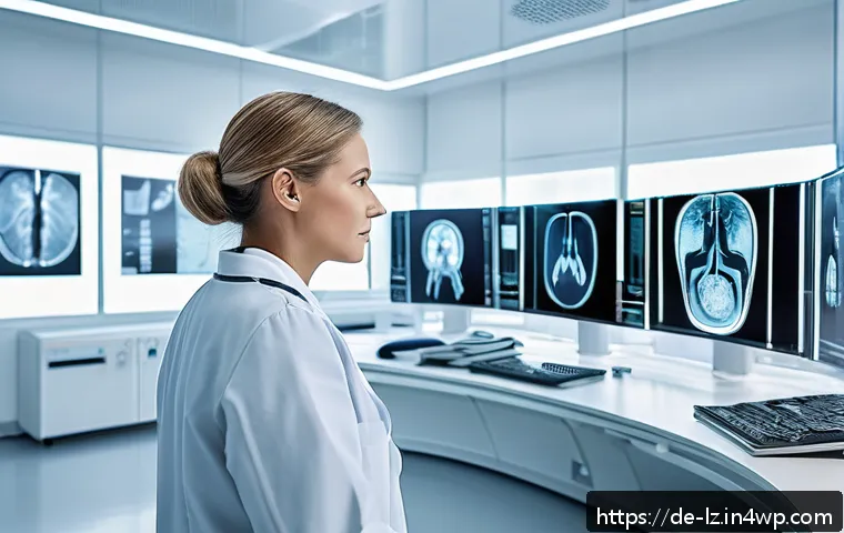 패턴 인식 능력 관련 유명 사례 분석 - A futuristic medical imaging room in a modern German hospital, showing a radiologist analyzing high-...