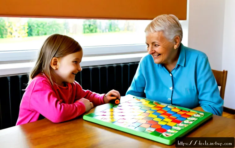 패턴 인식 향상을 위한 게임 기반 학습 - Photorealistic scene of a German primary school child and a grandparent playing a colorful wooden pa...