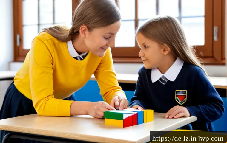패턴 인식 능력 향상을 위한 교사 가이드 - Photorealistic German primary school classroom, a warm and patient teacher guiding three children as...